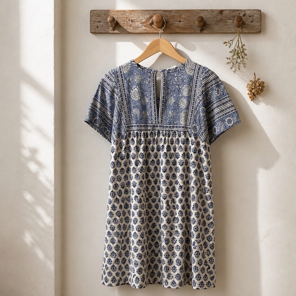 C&C California Blue White Floral Linen Blend Tassel Tie Shift Dress Womens Med - Picture 1 of 6